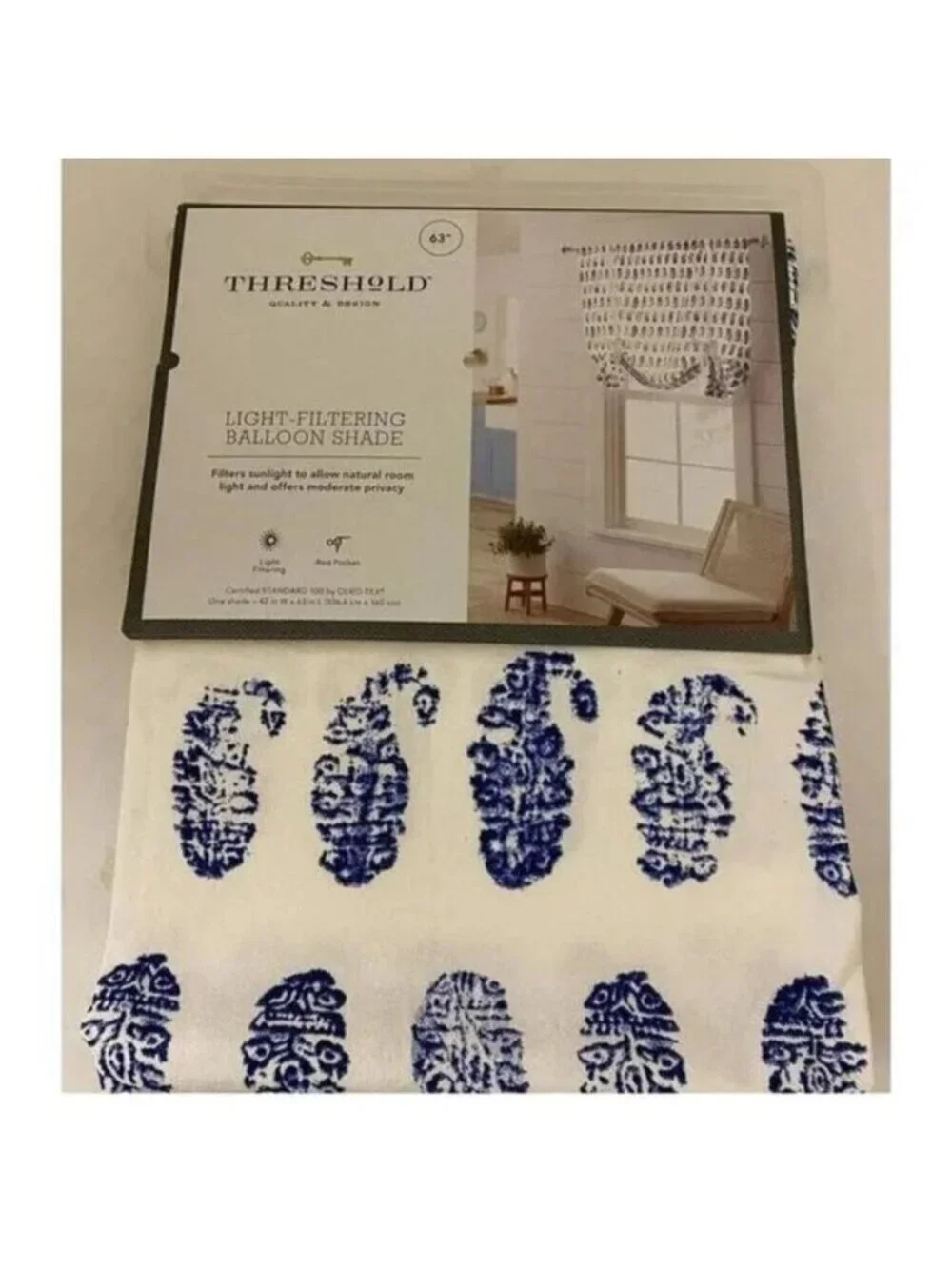 ✨Threshold Blue Paisley Light Filtering Tie-Up Shade Panel 40x62 NWT - Picture 1 of 4
